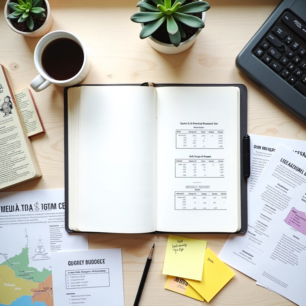 GrowthPath Savings editorial workspace showing research materials, financial documents, and collaborative work environment