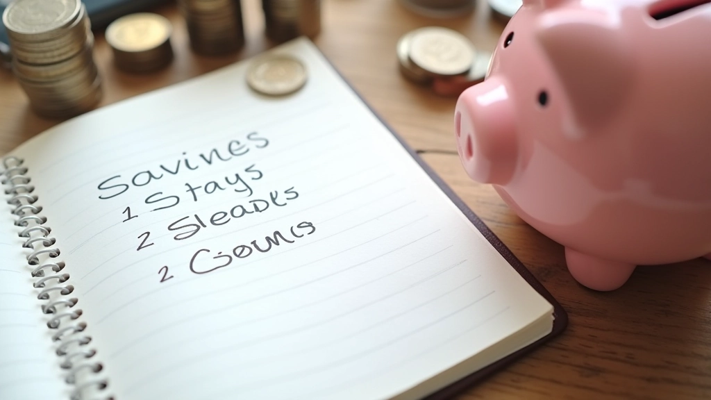Notebook with savings goals written down, surrounded by coins and piggy bank on wooden surface